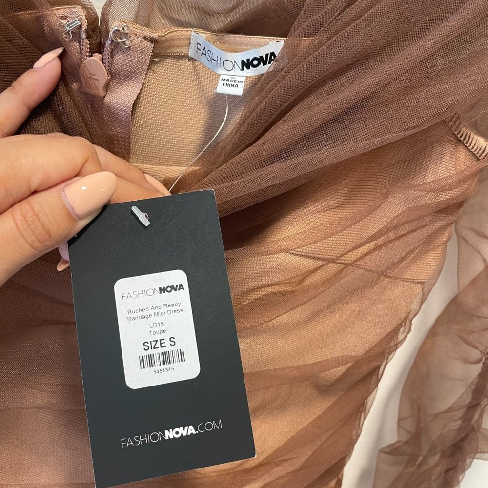 Fashion Nova Ruched And Ready Bandage Midi Dress - Taupe Size S - Picture 9 of 12